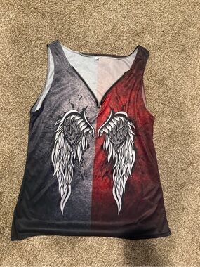 Zip-Front Angel Wing Tank Top in Red and Gray